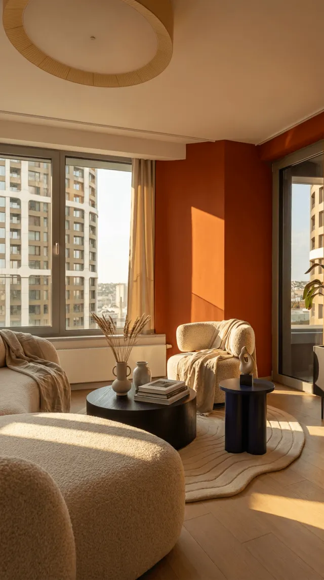 Obývacia časť nového apartmánu v Skyparku so svetlou sedačkou, okrúhlym kobercom a výhľadom na mesto
